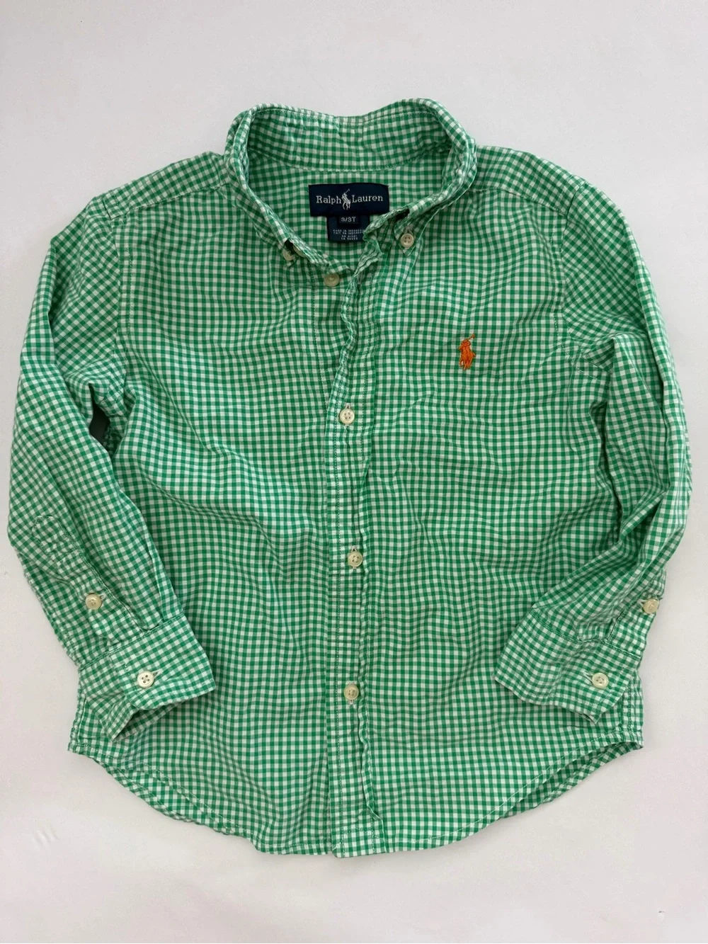 Ralph Lauren Green Gingham Button-Down Shirt with Orange Pony 3t